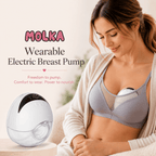 Woman wearing a Molka wearable electric breast pump with text highlighting its features.