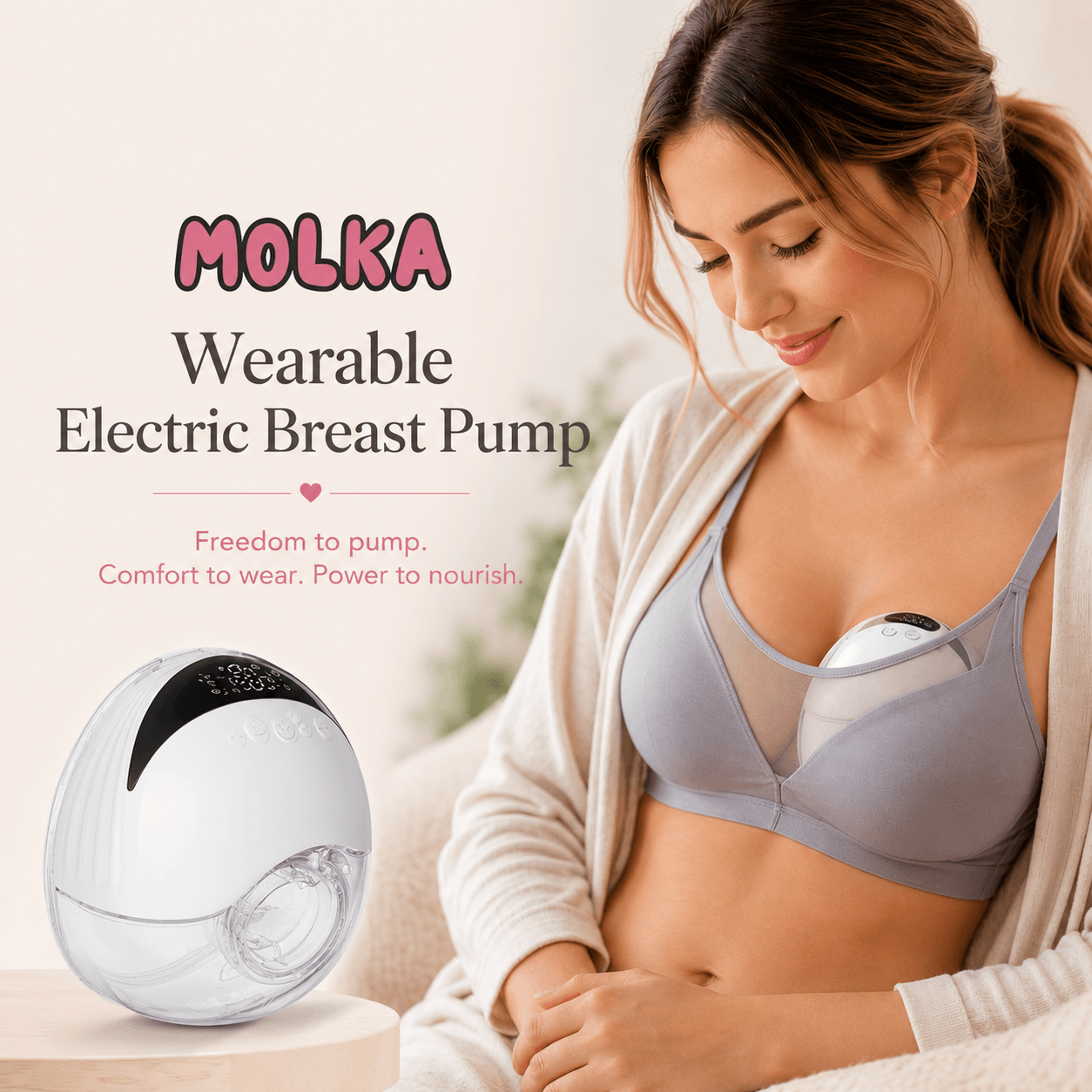 Woman wearing a Molka wearable electric breast pump with text highlighting its features.