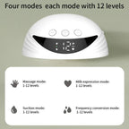 White electronic device with digital display on a beige background, featuring text about modes and levels.