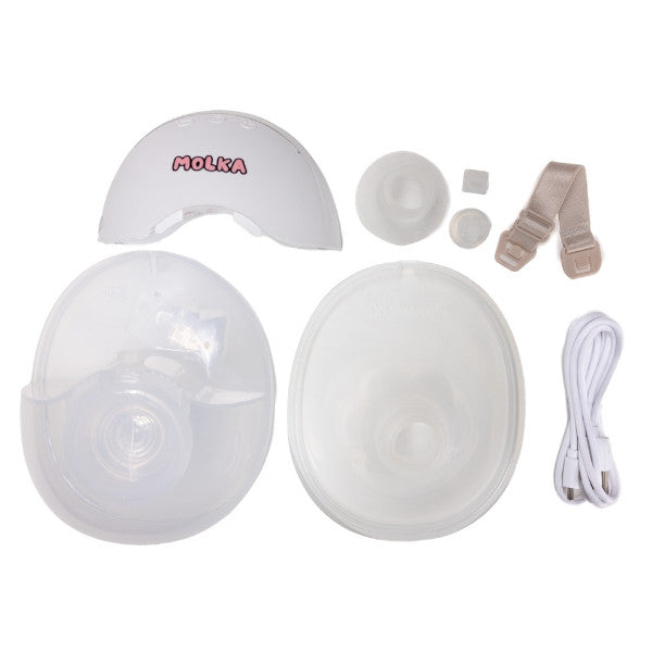 Molka breast pump set with various parts on a white background