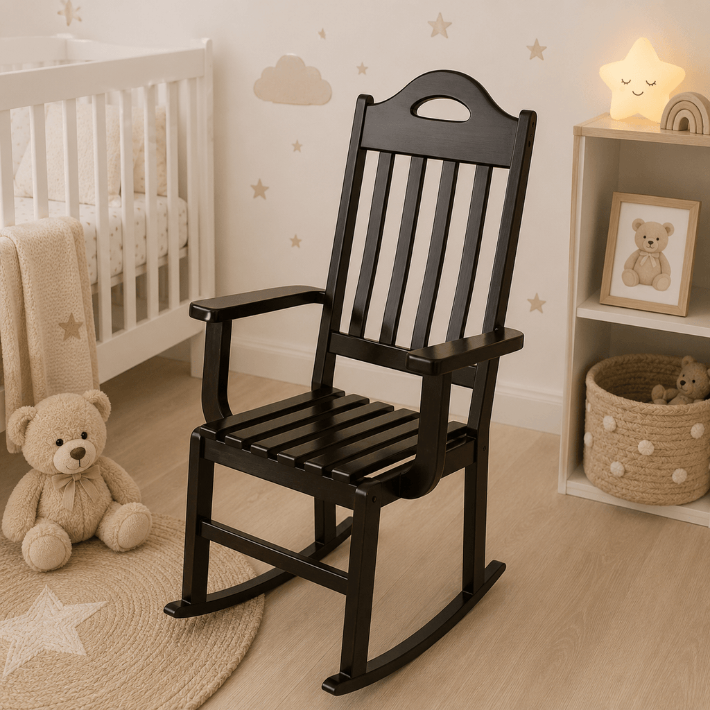 A black wooden rocking chair placed in a softly styled baby nursery with a white crib, teddy bear, shelf, and star decals on the wall.