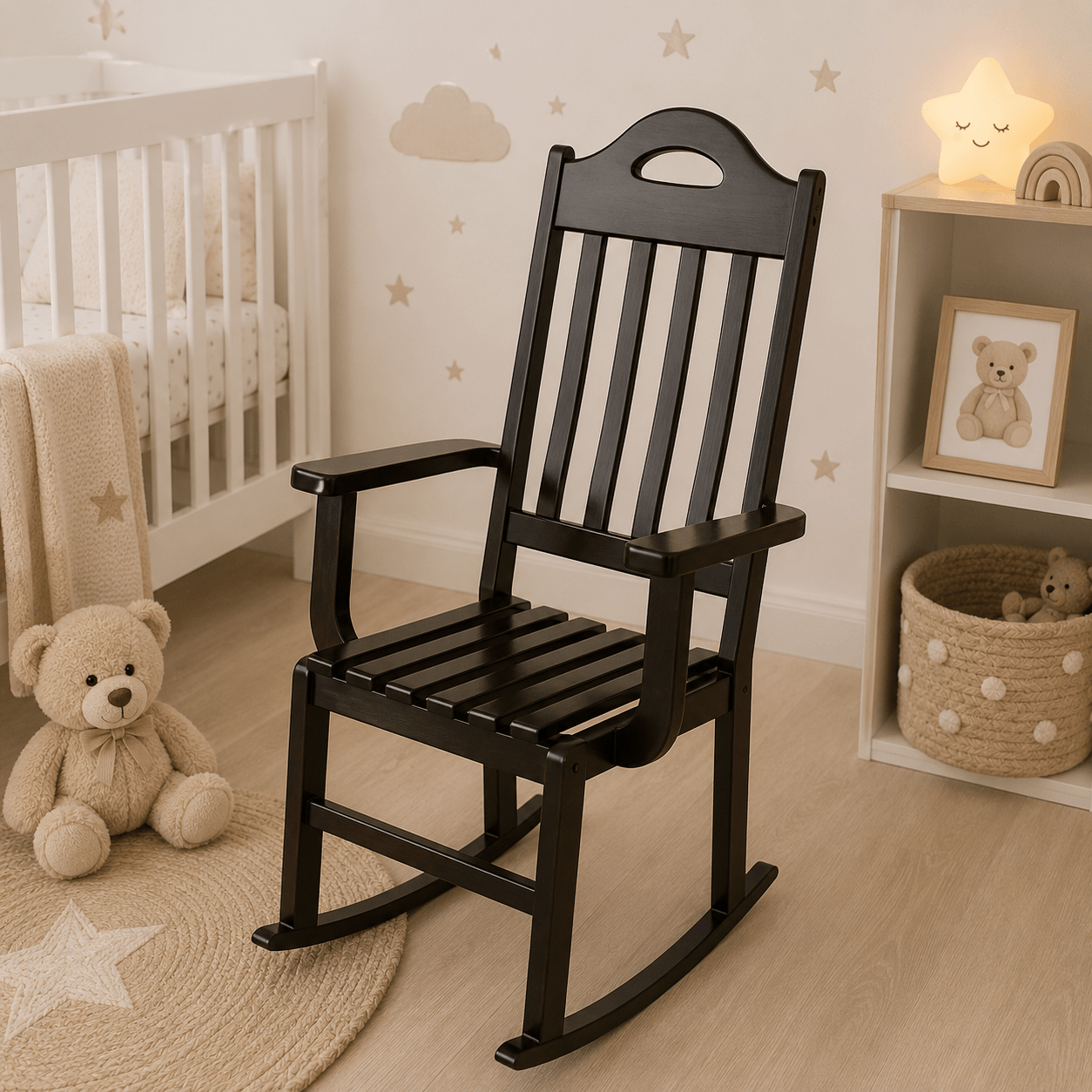 A black wooden rocking chair placed in a softly styled baby nursery with a white crib, teddy bear, shelf, and star decals on the wall.
