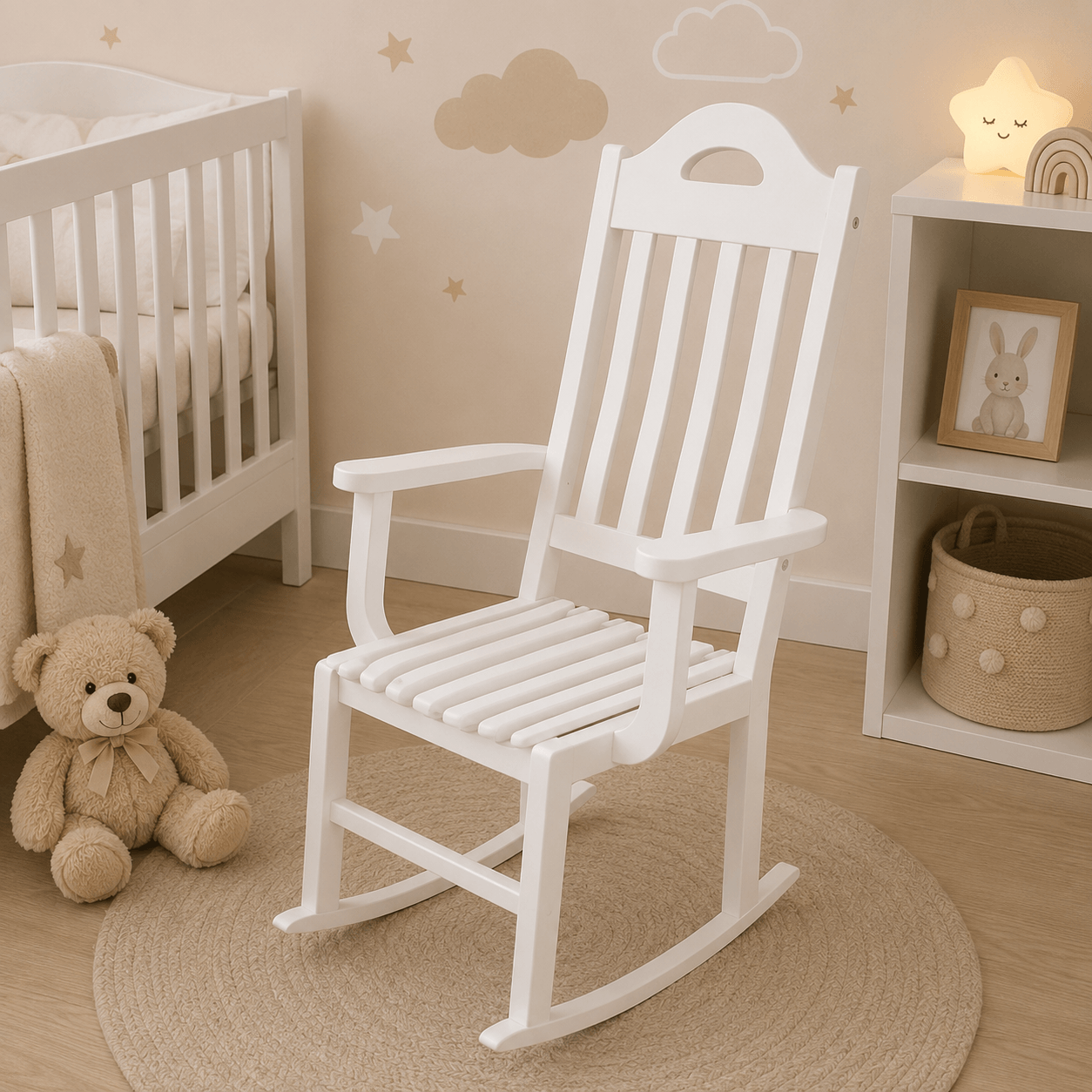 A white wooden rocking chair in a cozy, neutral-toned children's nursery setting next to a white crib and a teddy bear.