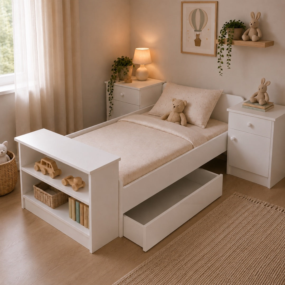 A white children's bed frame with an attached storage bench on the left and a pull-out under-bed drawer, styled in a warm, neutral-toned bedroom with beige bedding, nightstands, and toys.
