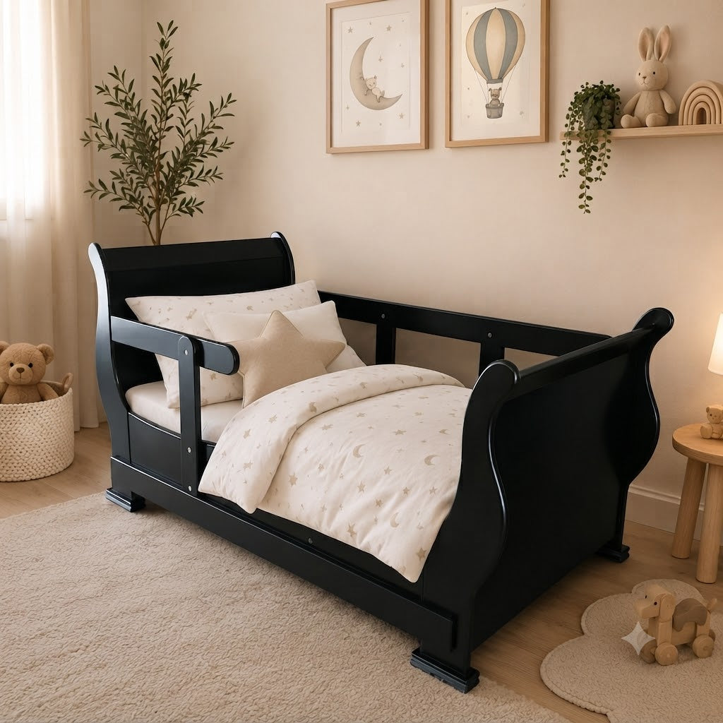 A black wooden children's bed with a curved headboard and footboard, styled with cream bedding in a warm, neutral-toned nursery room.