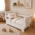 A white wooden toddler bed with a guard rail, styled in a warm, cozy children's bedroom with beige walls, a wooden floor, a plush bunny basket, and a small wooden side table with a lamp.