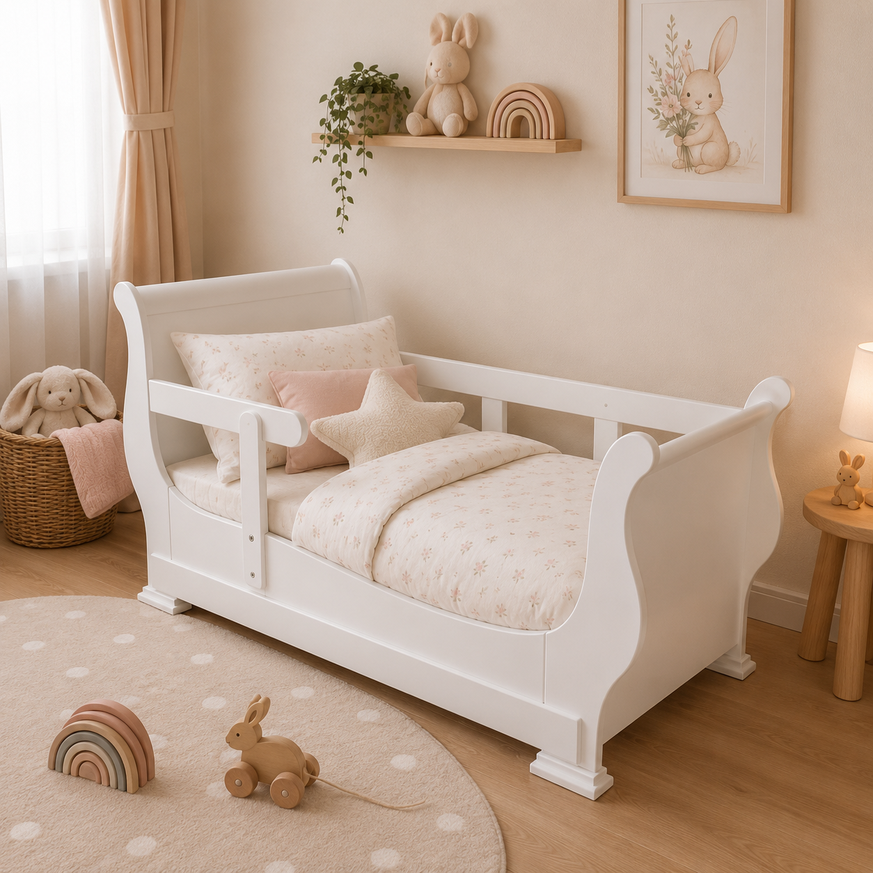 A white wooden toddler bed with a guard rail, styled in a warm, cozy children's bedroom with beige walls, a wooden floor, a plush bunny basket, and a small wooden side table with a lamp.