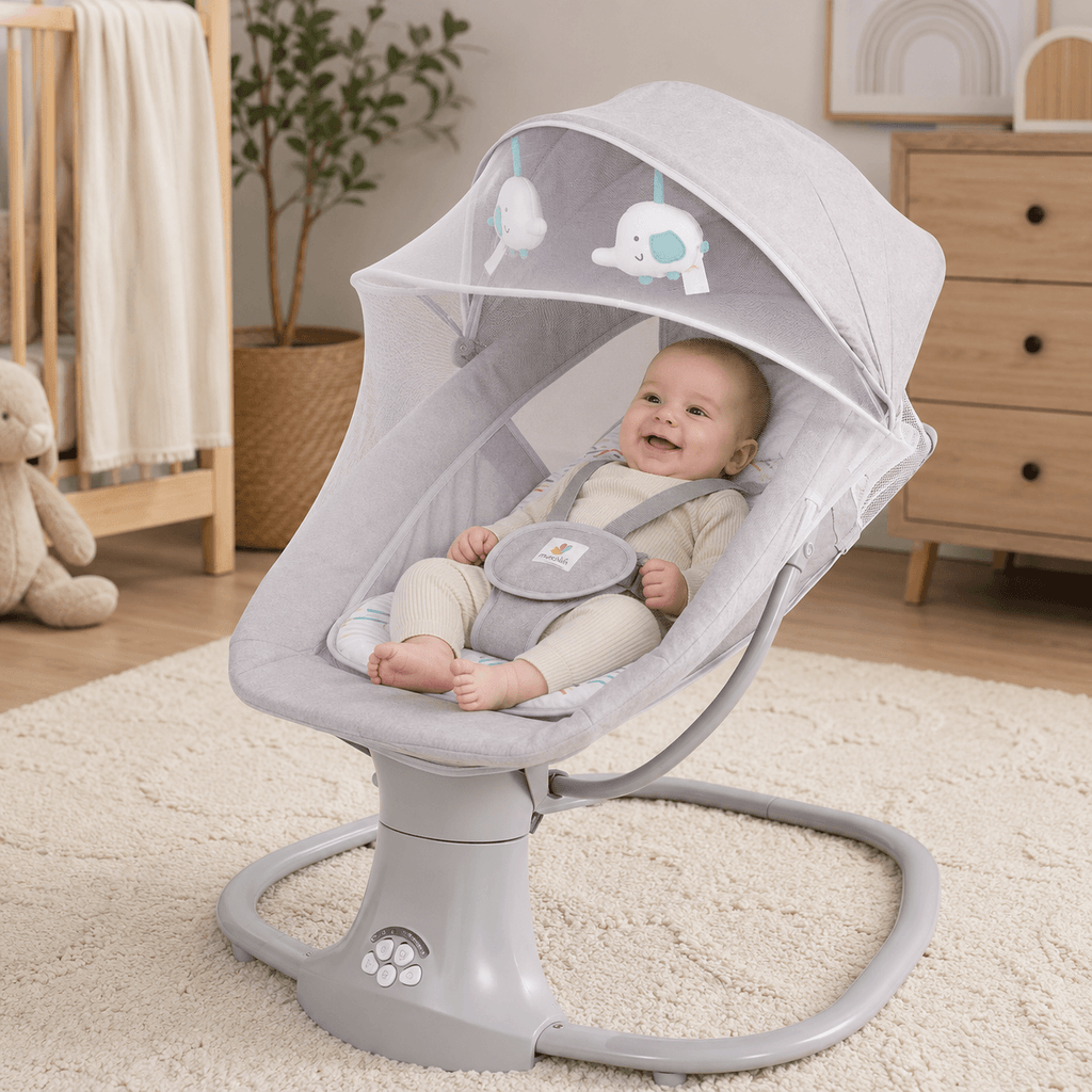 Baby in a gray baby swing with a crib, dresser, and plant in the background
