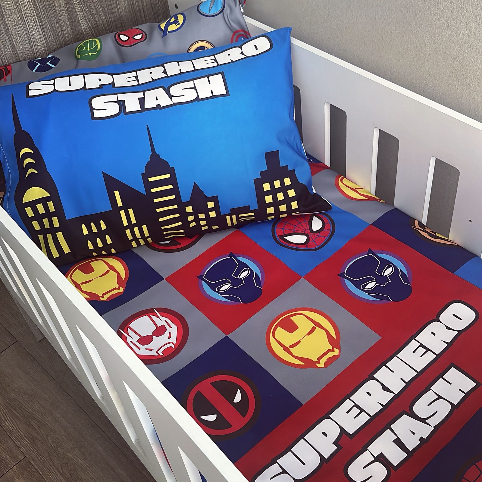 Cot Bedding - Blue Red Superhero Set 02 baby boy nursery linen set South Africa