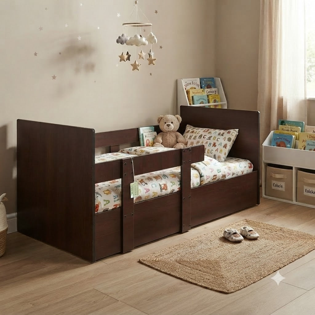 A dark brown wooden toddler bed with safety rails in a cozy, child-friendly bedroom. The bed is styled with a patterned duvet, a matching pillow, a teddy bear, and a star-themed mobile hanging from the ceiling.
