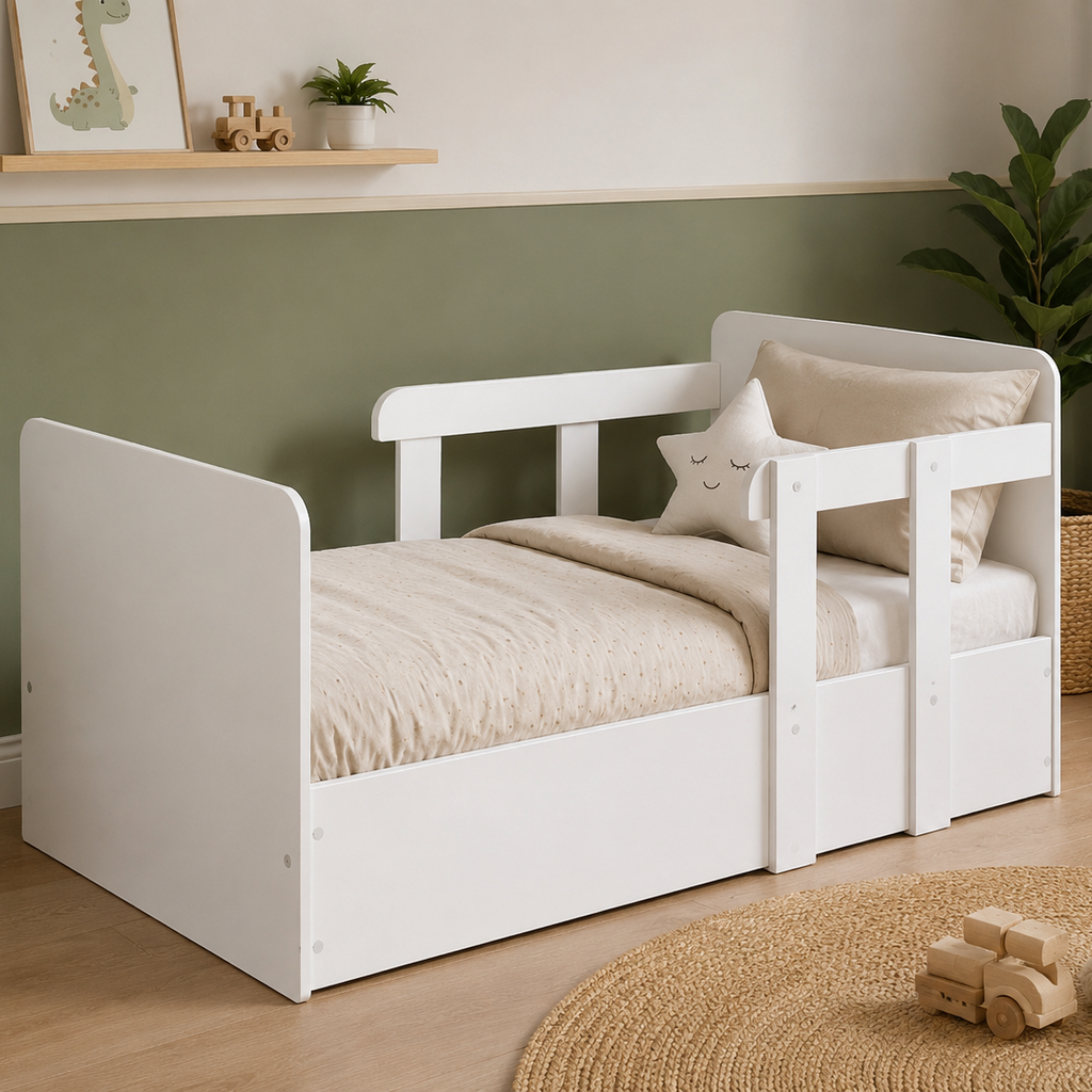 A white wooden toddler bed with built-in side rails and a footboard, styled in a nursery with beige bedding, a star pillow, a green plant, and a plush dog toy on a woven rug.