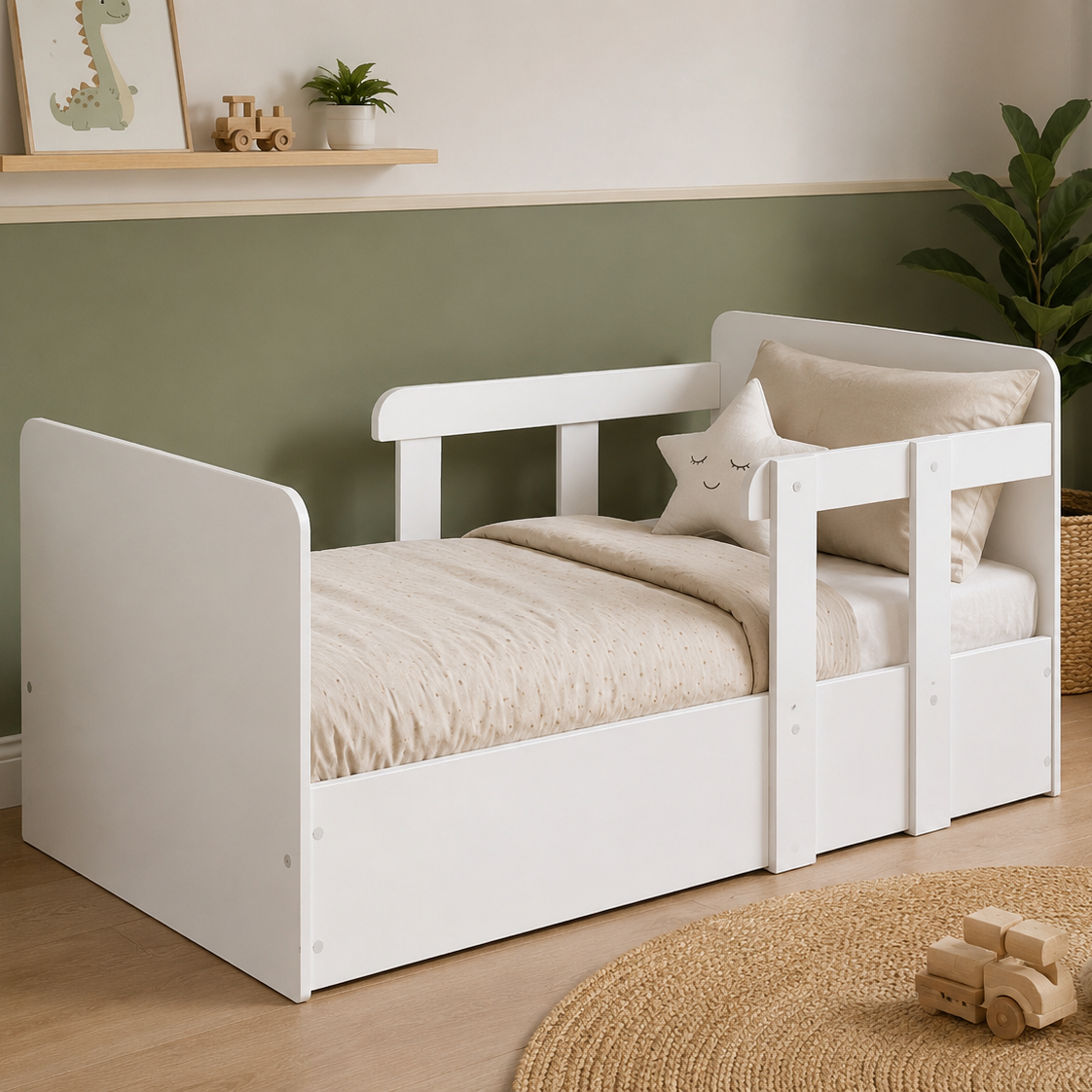 A white wooden toddler bed with built-in side rails and a footboard, styled in a nursery with beige bedding, a star pillow, a green plant, and a plush dog toy on a woven rug.