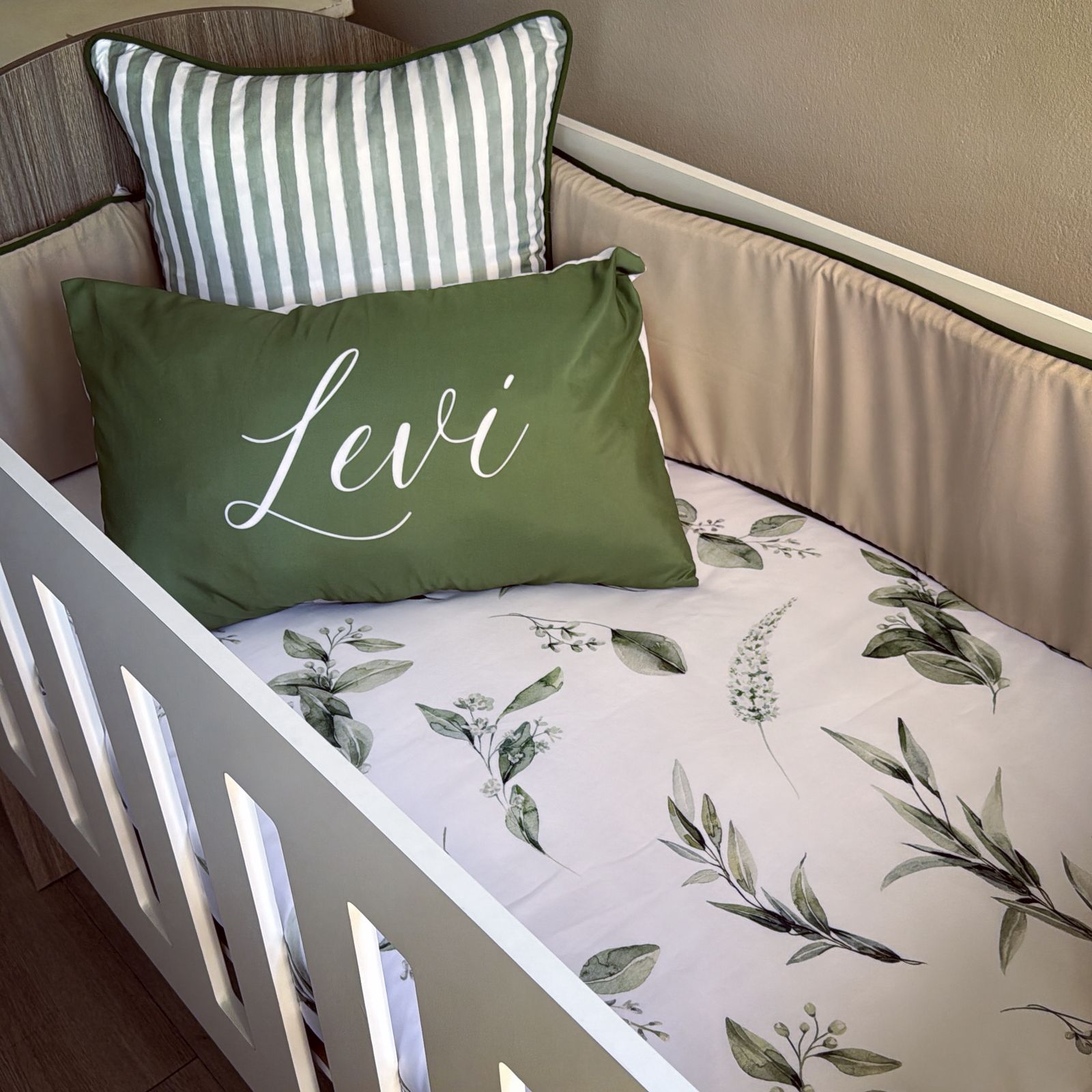 Cot Bedding - Olive Green Leaf Set 01 baby neutral nursery linen set South Africa