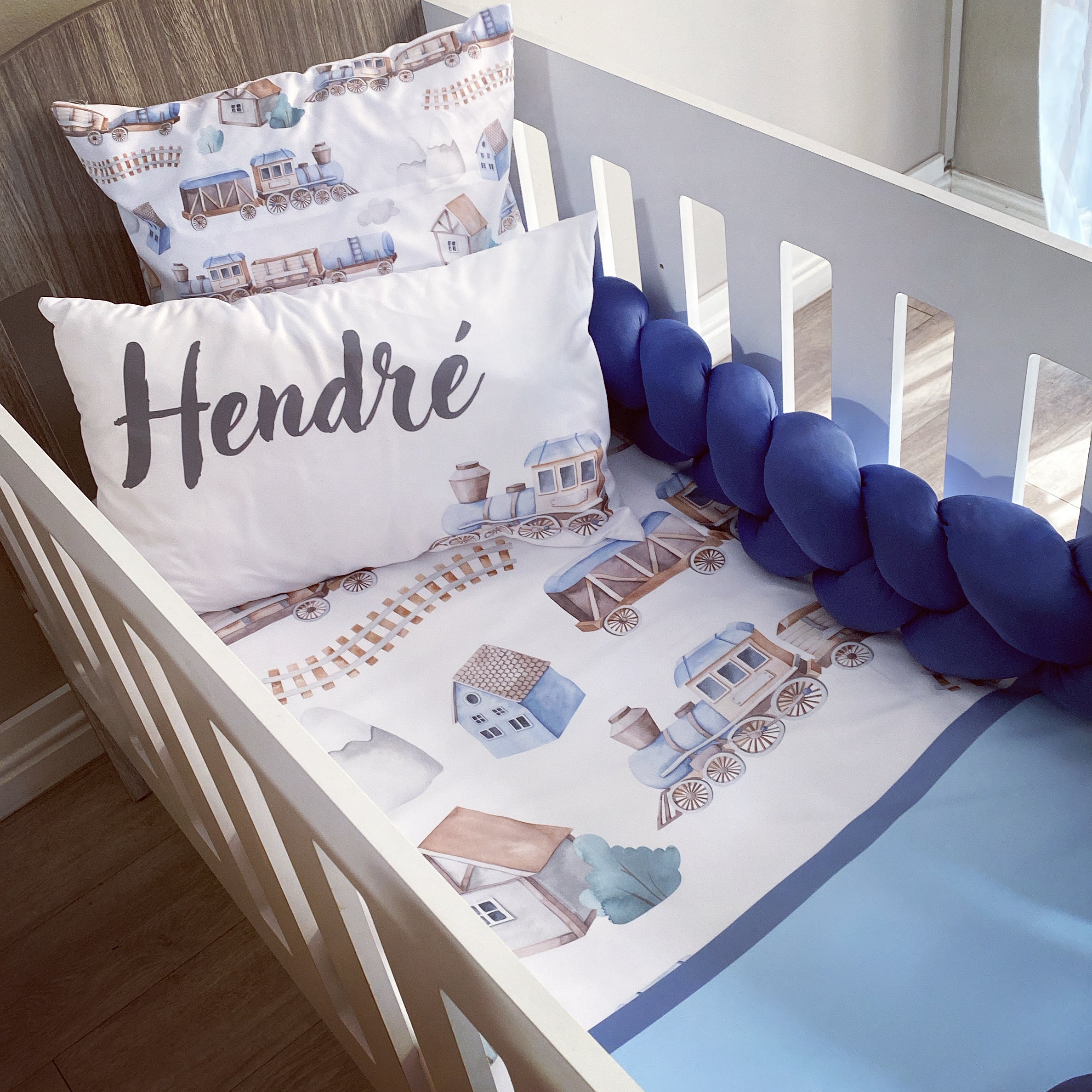 Cot Bedding - Blue Train Set 01 baby boy nursery linen set South Africa