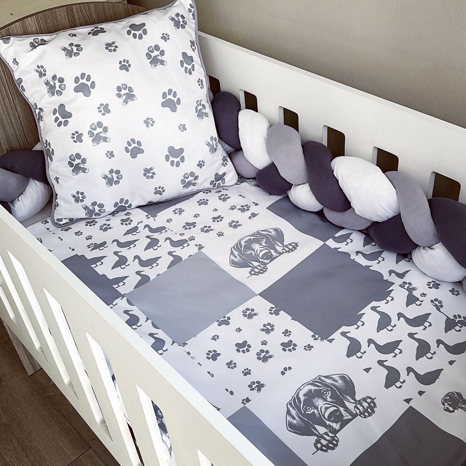 Cot Bedding - Grey Dog Set 01 baby neutral nursery linen set South Africa