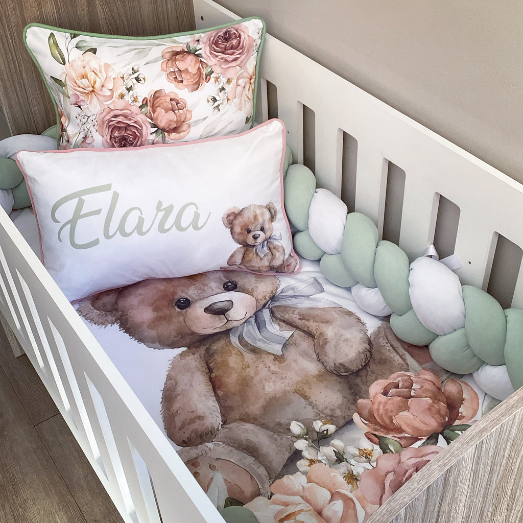 Cot Bedding - Sage Floral Bear Set 02