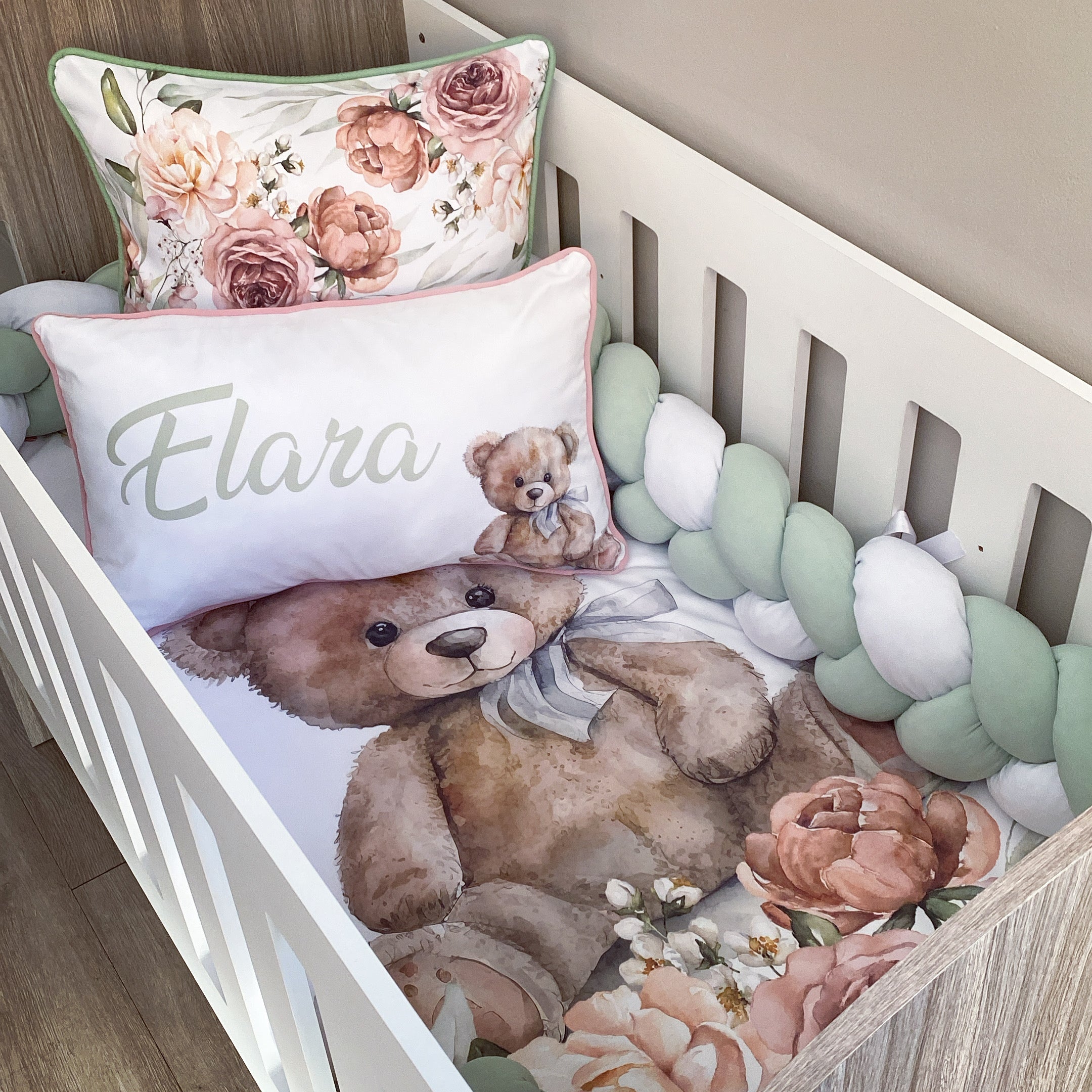Cot Bedding - Sage Floral Bear Set 02