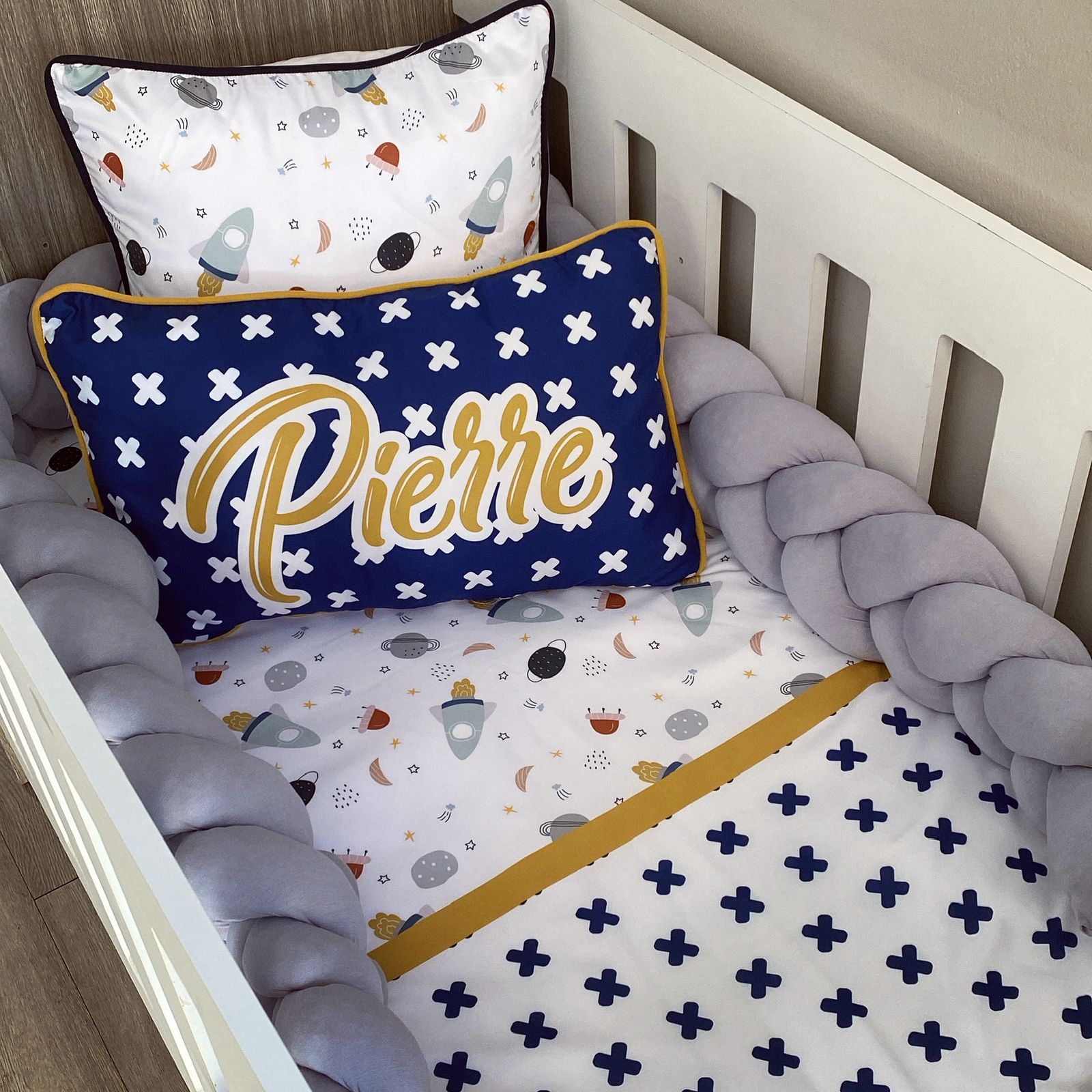 Cot Bedding - Blue Mustard Space Set 01 baby boy nursery linen set South Africa