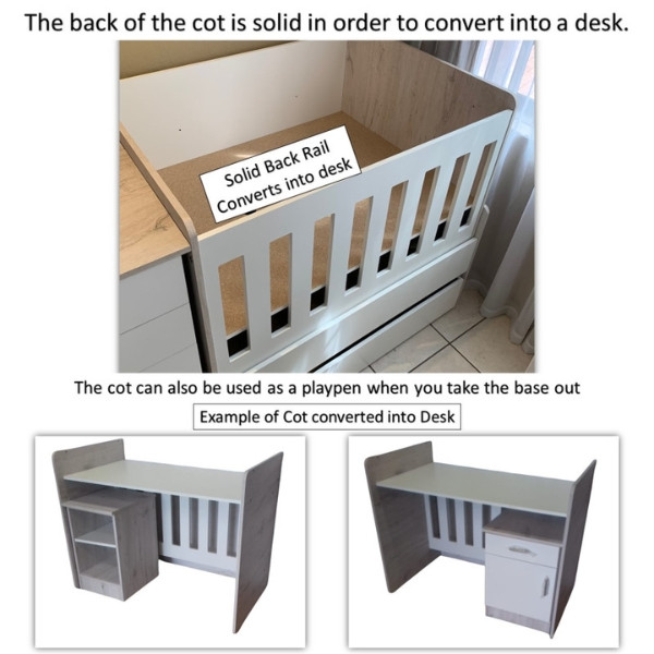 Cot with Solid rail - can convert into a desk